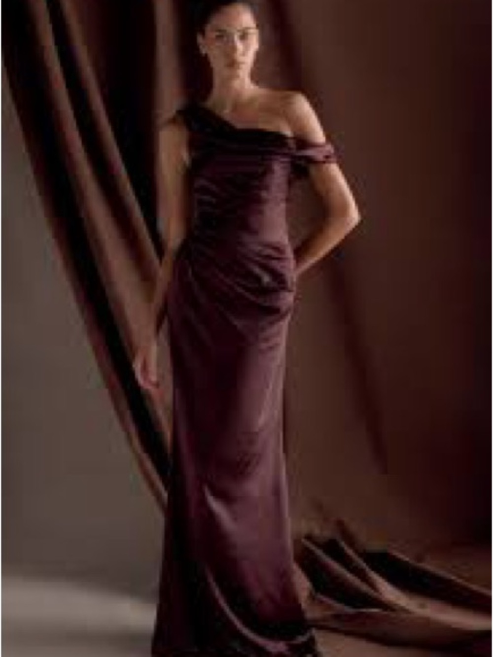 NWT Meshki Dalia Off Shoulder Satin Maxi Dress - Dark Chocolate - Picture 2 of 5
